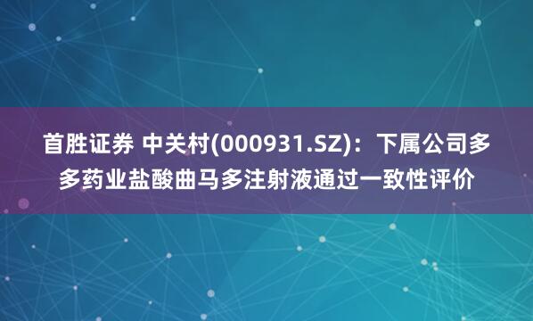 首胜证券 中关村(000931.SZ)：下属公司多多药业盐酸曲马多注射液通过一致性评价